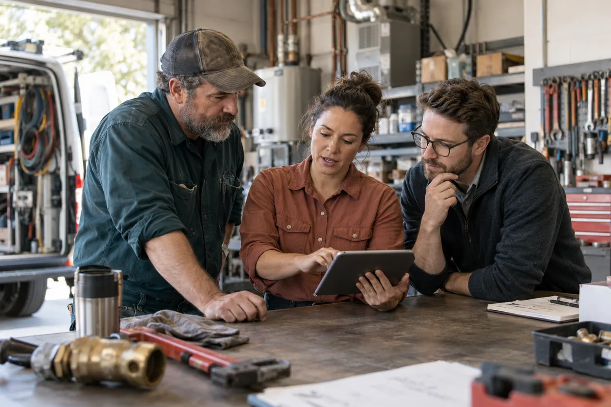 Illustrative scene of a field technician, coordinator and implementation specialist reviewing a tablet in a service workshop