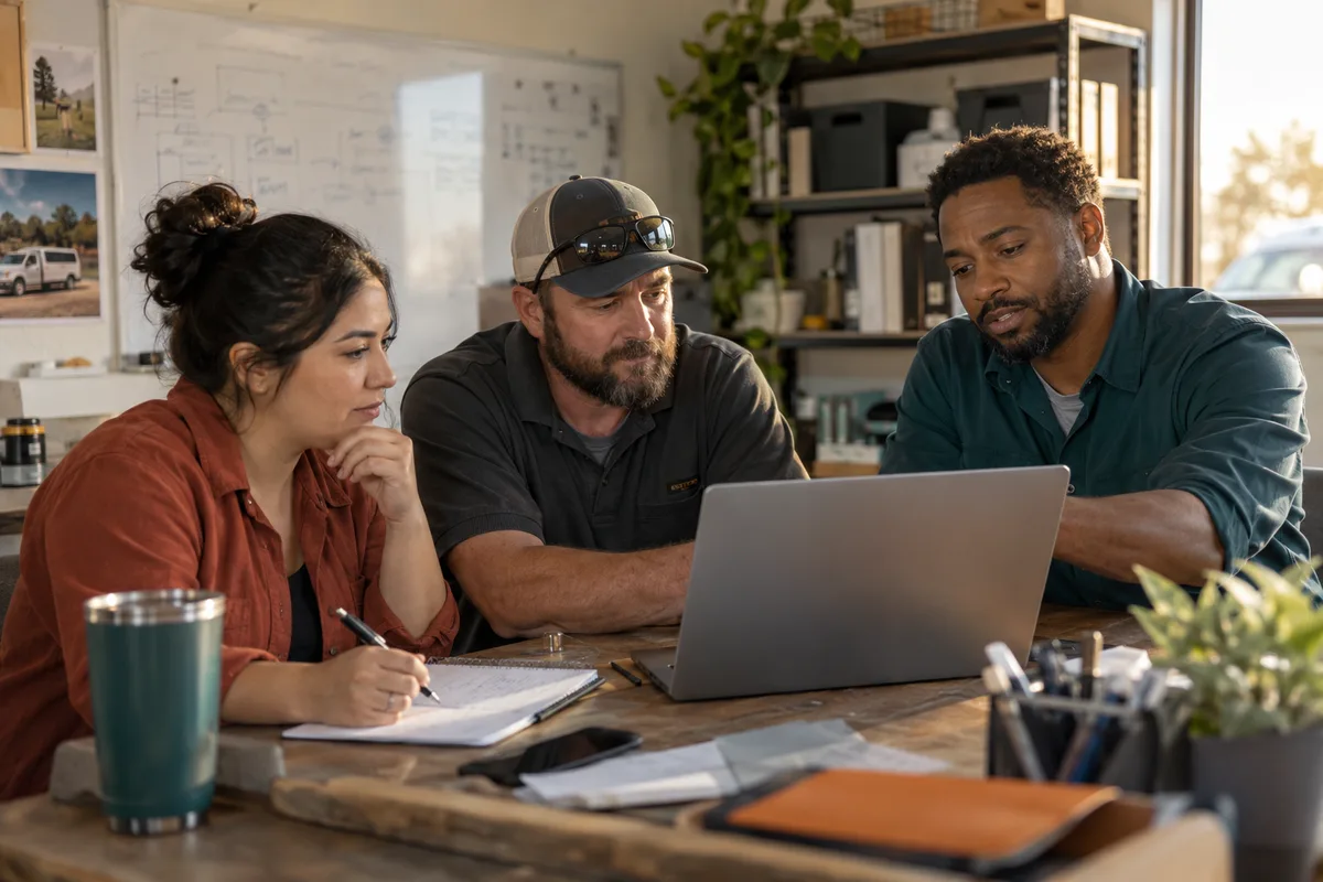 Illustrative scene of an implementation specialist training an office coordinator and field technician at a laptop
